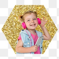 Png girl enjoying music badge sticker, gold glitter hexagon shape, transparent background