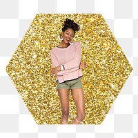 African woman png badge sticker, gold glitter hexagon shape, transparent background