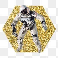 Astronaut png badge sticker, gold glitter hexagon shape, transparent background