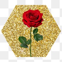 Red rose png badge sticker, gold glitter hexagon shape, transparent background