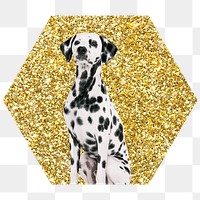 Dalmatian dog png badge sticker, gold glitter hexagon shape, transparent background