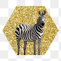 Zebra png badge sticker, gold glitter hexagon shape, transparent background