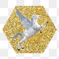 Pegasus png badge sticker, gold glitter hexagon shape, transparent background