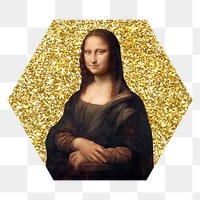 Mona Lisa png badge sticker, Vinci's famous painting, gold glitter hexagon shape, transparent background remixed by rawpixel