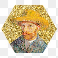 Png Van Gogh's Self-Portrait badge sticker, gold glitter hexagon shape, transparent background remixed by rawpixel