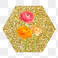 Ranunculus flower png badge sticker, gold glitter hexagon shape, transparent background