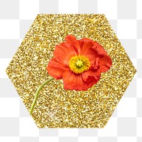 Poppy flower png badge sticker, gold glitter hexagon shape, transparent background