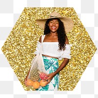 Png happy African woman badge sticker, gold glitter hexagon shape, transparent background