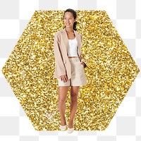 Asian businesswoman png badge sticker, gold glitter hexagon shape, transparent background