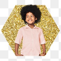 African kid png badge sticker, gold glitter hexagon shape, transparent background