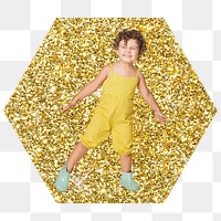 Little kid png badge sticker, gold glitter hexagon shape, transparent background