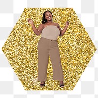 Png joyful African woman  badge sticker, gold glitter hexagon shape, transparent background