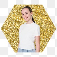 Teenage woman png badge sticker, gold glitter hexagon shape, transparent background