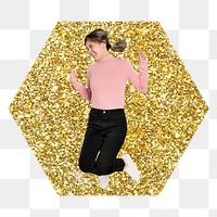 Jumping girl png badge sticker, gold glitter hexagon shape, transparent background