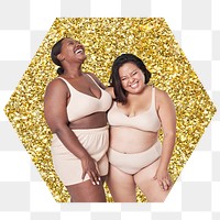 Png plus size models in lingerie apparel badge sticker, gold glitter hexagon shape, transparent background