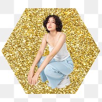 Woman sitting png badge sticker, gold glitter hexagon shape, transparent background