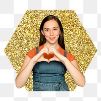 Png woman making heart hands badge sticker, gold glitter hexagon shape, transparent background