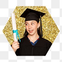 Graduate woman png badge sticker, gold glitter hexagon shape, transparent background