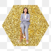 Businesswoman sitting png badge sticker, gold glitter hexagon shape, transparent background