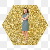 Businesswoman standing png badge sticker, gold glitter hexagon shape, transparent background