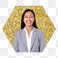 Smiling businesswoman png badge sticker, gold glitter hexagon shape, transparent background