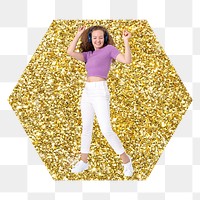 Woman dancing png badge sticker, gold glitter hexagon shape, transparent background