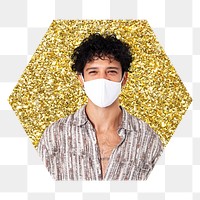 Png man wearing mask badge sticker, gold glitter hexagon shape, transparent background