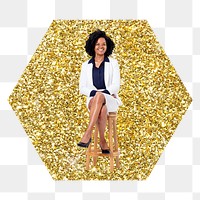 Confident businesswoman png badge sticker, gold glitter hexagon shape, transparent background