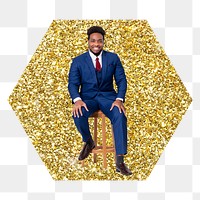 Confident businessman png badge sticker, gold glitter hexagon shape, transparent background