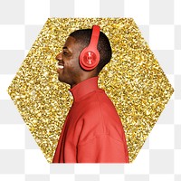 Png man with headphones badge sticker, gold glitter hexagon shape, transparent background