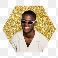 Png African man with shades badge sticker, gold glitter hexagon shape, transparent background