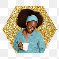 Png woman drinking coffee badge sticker, gold glitter hexagon shape, transparent background