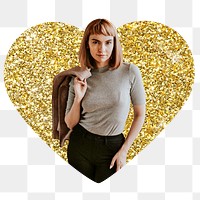 Businesswoman png badge sticker, gold glitter heart shape, transparent background