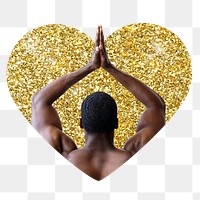 Muscular back png badge sticker, gold glitter heart shape, transparent background