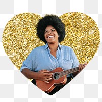 Png woman playing ukulele badge sticker, gold glitter heart shape, transparent background