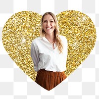 Businesswoman png badge sticker, gold glitter heart shape, transparent background