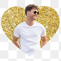 Happy man png badge sticker, gold glitter heart shape, transparent background