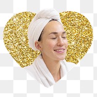 Woman in spa png badge sticker, gold glitter heart shape, transparent background