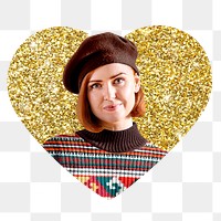 Png beret woman badge sticker, gold glitter heart shape, transparent background