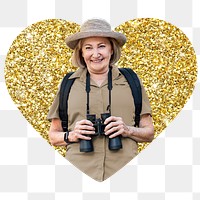 Woman adventurer png badge sticker, gold glitter heart shape, transparent background