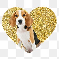 Beagle dog png badge sticker, gold glitter heart shape, transparent background