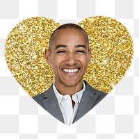 Confident businessman png badge sticker, gold glitter heart shape, transparent background