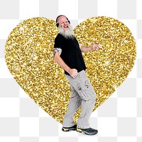 Png bearded man enjoying music badge sticker, gold glitter heart shape, transparent background