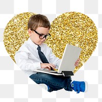 Png kid using laptop badge sticker, gold glitter heart shape, transparent background