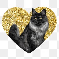 Angora cat png badge sticker, gold glitter heart shape, transparent background