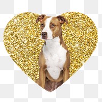 Png Pit bull terrier dog badge sticker, gold glitter heart shape, transparent background