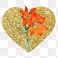 Red lily png badge sticker, gold glitter heart shape, transparent background