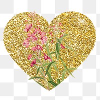 Fireweed flower png badge sticker, gold glitter heart shape, transparent background