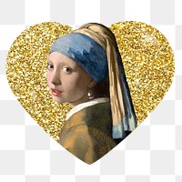 Png Girl with a Pearl Earring badge sticker, Johannes Vermeer's famous artwork, gold glitter heart shape, transparent background remixed by rawpixel