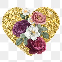 Roses png badge sticker, gold glitter heart shape, transparent background